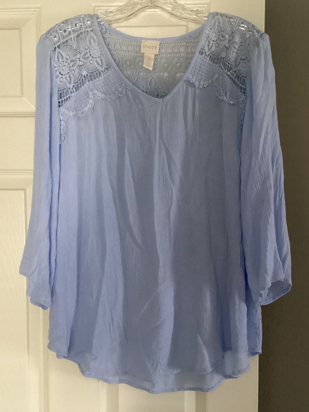 Chico's Light Blue Crochet Yoke Peasant Blouse